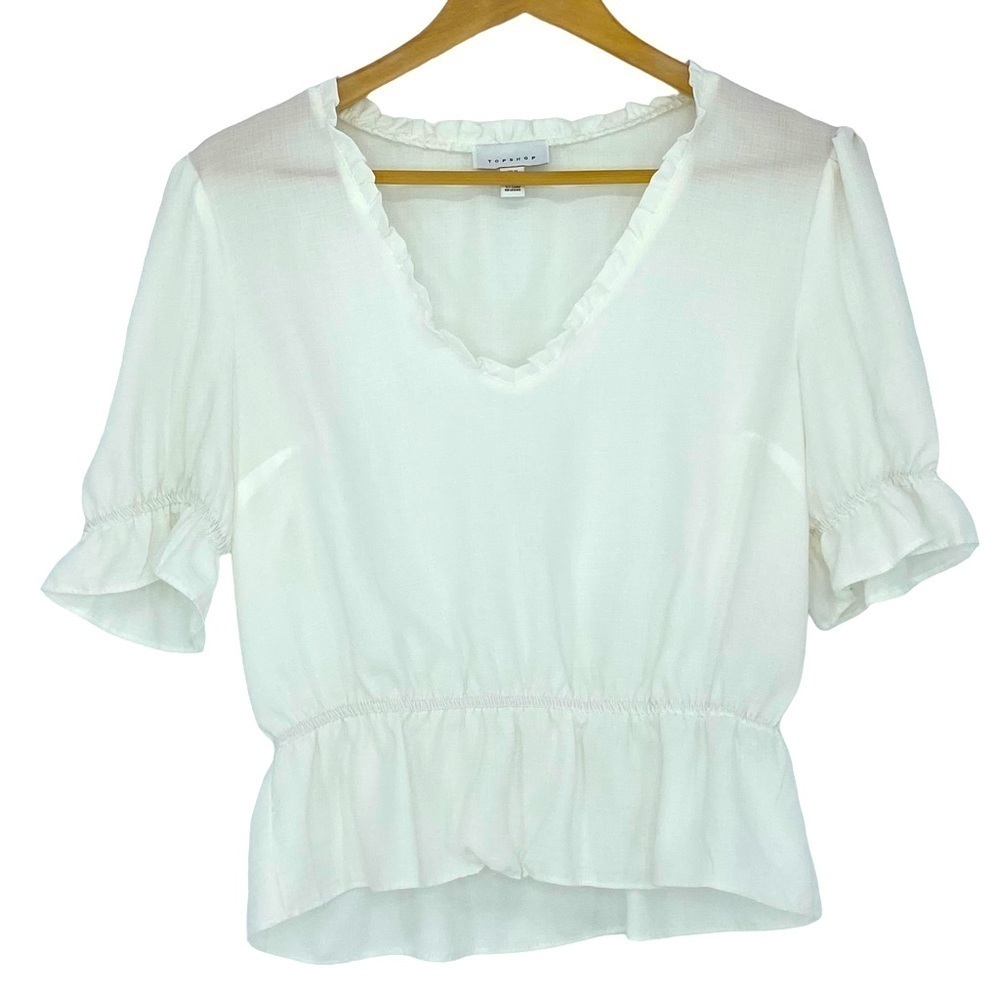 Topshop white peplum ruffled v-neck blouse, 10